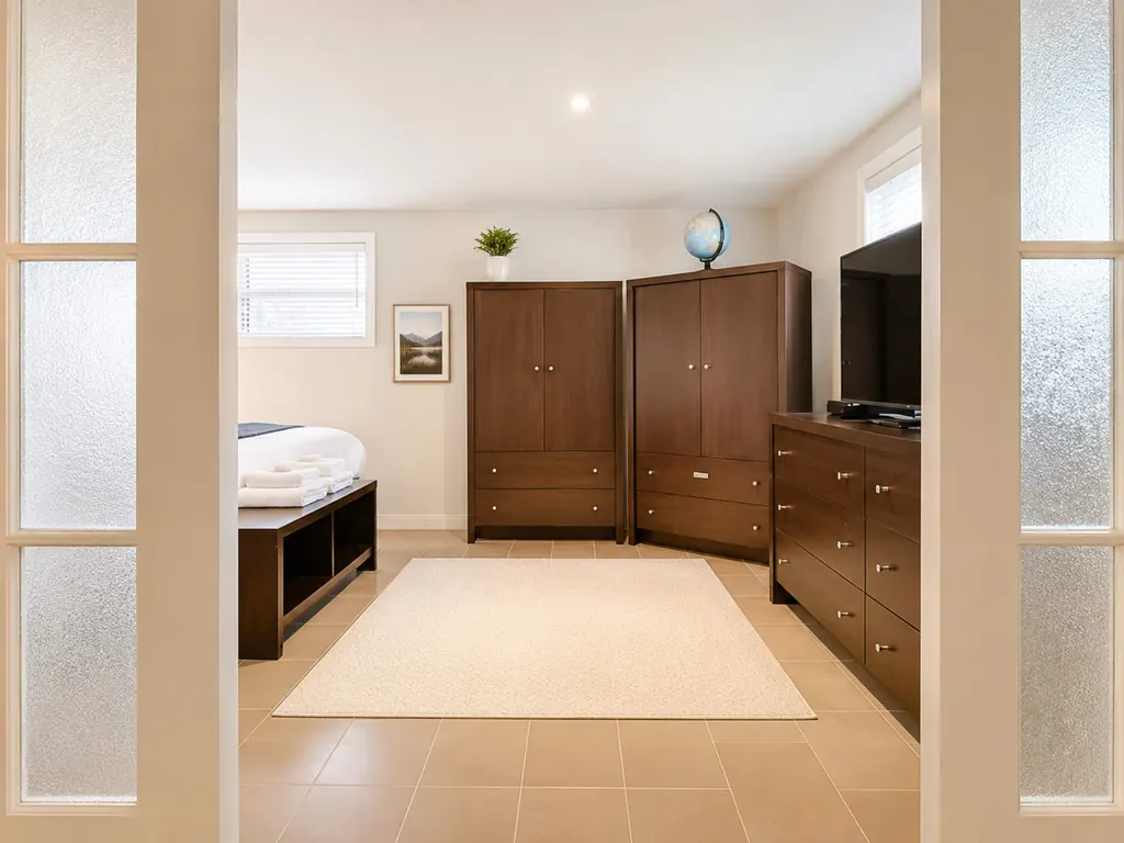 Chambre principale vue par les portes vitrées, avec armoires en bois