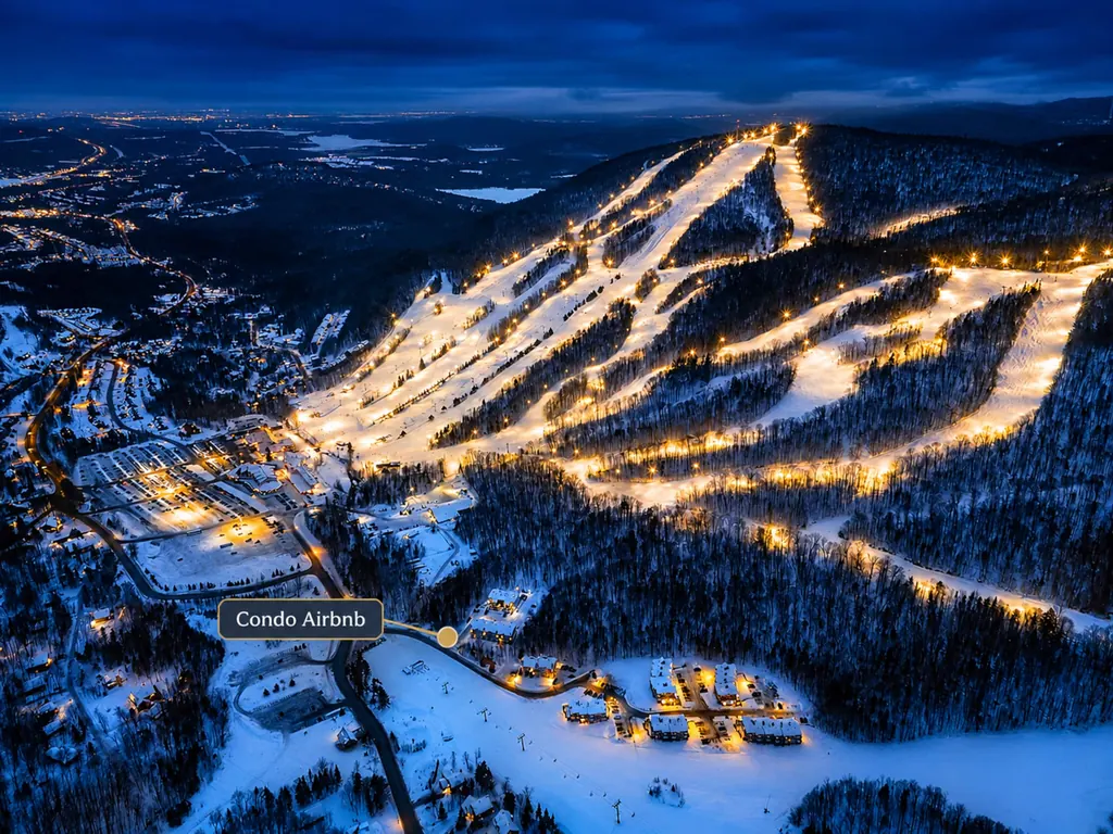Vue aérienne de nuit des pistes éclairées de Stoneham avec l’emplacement du condo indiqué au pied de la montagne