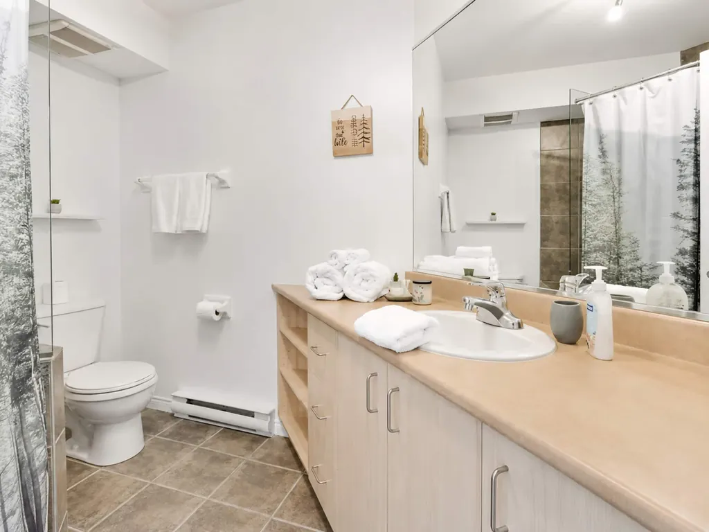 Comptoir de salle de bain avec serviettes et produits